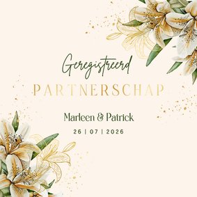 Trouwkaart geregistreerd partnerschap witte lelies goudfolie