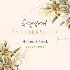 Trouwkaart geregistreerd partnerschap witte lelies goudfolie