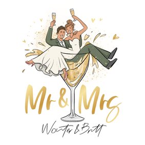 Trouwkaart grappig cartoon mr mrs bruidspaar champagne