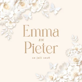 Trouwkaart grote namen met stijlvolle witte bloemen