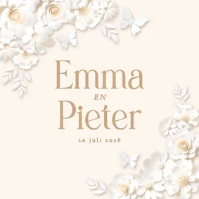 Trouwkaart grote namen met stijlvolle witte bloemen