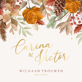 Trouwkaart herfst bladeren bloemen hartjes goud winter