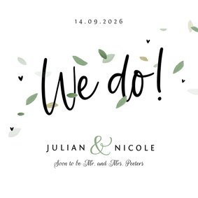 Trouwkaart hip blaadjes eco stijlvol typografisch groen