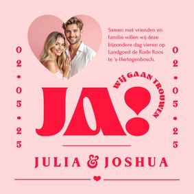Trouwkaart 'Ja' grafisch modern hip roze rood romantisch