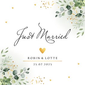 Trouwkaart just married botanisch groen blaadjes goudlook