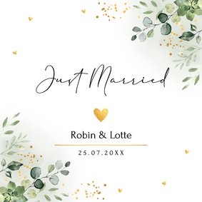 Trouwkaart just married botanisch groen blaadjes goudlook