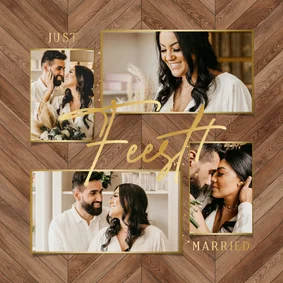 Trouwkaart just married gouden letters houtlook visgraat