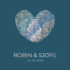 Trouwkaart met 2 vingerafdrukken hart in holografisch folie