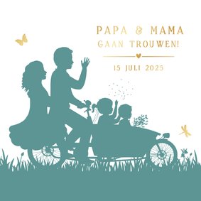 Trouwkaart met gezin kinderen op een bakfiets