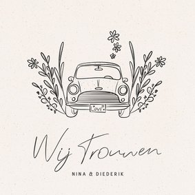 Trouwkaart met illustratie van auto en bloemen