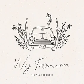 Trouwkaart met illustratie van auto en bloemen