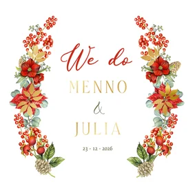 Trouwkaart met kerstrozen en euqalyptus en echte folie