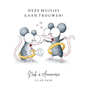 Trouwkaart met muisjes met ringen