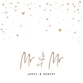 Trouwkaart Mr & Mr met goudlook tekst, confetti en hartjes