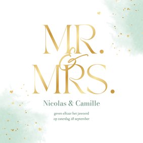 Trouwkaart mr. mrs. waterverf mintgroen goudlook hartjes 