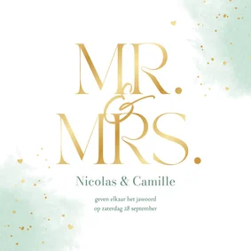 Trouwkaart mr. mrs. waterverf mintgroen goudlook hartjes