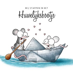 Trouwkaart muisjes stappen in het huwelijksbootje