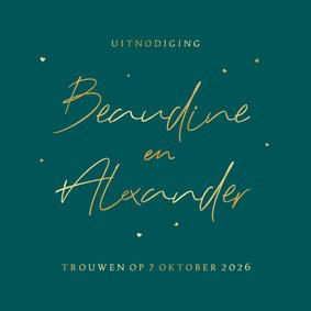 Trouwkaart petrol minimalistisch romantisch goud hartjes