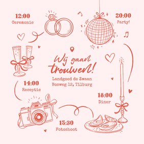 Trouwkaart roze doodle tijdlijn romantisch illustraties