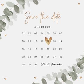 Trouwkaart save the date eucalyptus goud hartjes