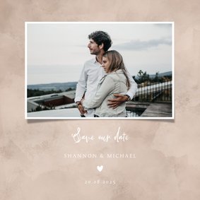 Trouwkaart save the date neutrale waterverf, foto en hartje