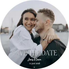 Trouwkaart save the date rond zilverfolie grote foto