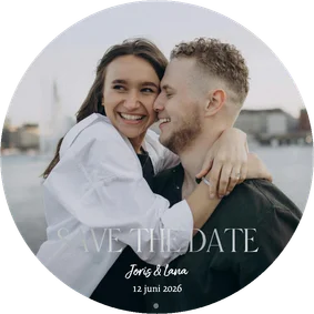 Trouwkaart save the date rond zilverfolie grote foto
