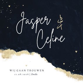 Trouwkaart stijlvol namen goud verf hartjes inkt