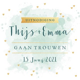 Trouwkaart tekst aquarel hartjes goud 