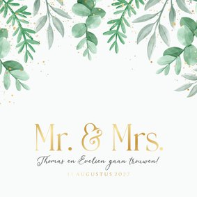 Trouwkaart uitnodiging Mr and Mrs eucalyptus goud