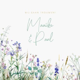 Trouwkaart veldbloemen in hippe kleuren