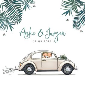 Trouwkaart VW Kever wit met bruidspaar