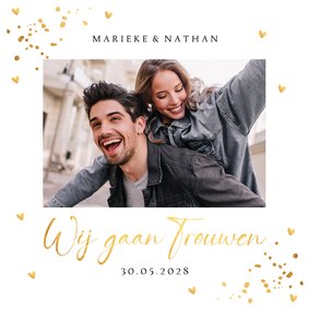 Trouwkaart wit foto goudlook confetti