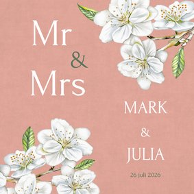 Trouwkaart witte bloesem op fluweel