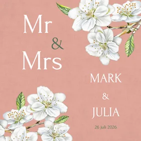 Trouwkaart witte bloesem op fluweel