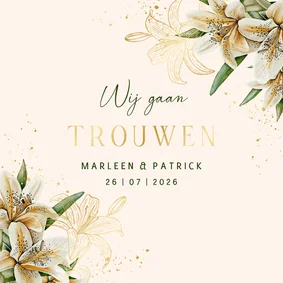 Trouwkaart witte lelie met goudfolie
