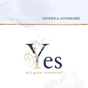 Trouwkaart 'Yes' rozen blauw en goud