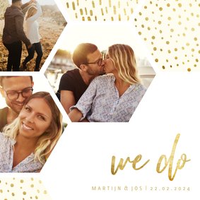 Trouwkaart zeshoek fotocollage met gouden confetti