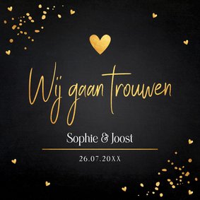 Trouwkaart zwart goudlook hartjes