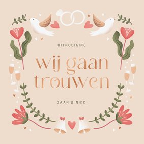 Trouwkaartje patroon wij gaan trouwen folk illustratie beige