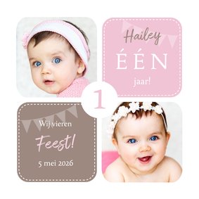 Uitnodiging 1 jaar meisje grafisch met foto's