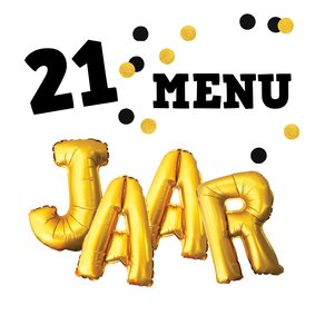 Uitnodiging 21-diner menukaart confetti goud zwart