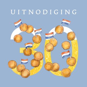 Uitnodiging 30 jaar met illustratie bitterballen en bier