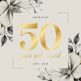 Uitnodiging 50 jaar getrouwd met bloemen en minihartjes goud