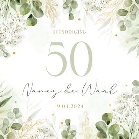 Uitnodiging 50 jaar met waterverf en botanische takjes