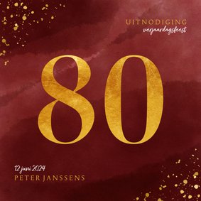 Uitnodiging 80 jaar in goudlook en bordeaux waterverf