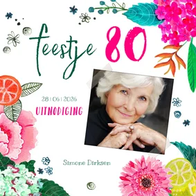 Uitnodiging 80 jaar verjaardag met foto en bloemen