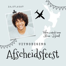 Uitnodiging afscheidsfeest Nieuw-Zeeland backpacken avontuur