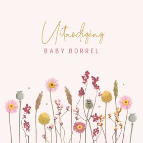 Uitnodiging babyborrel met droogbloemen