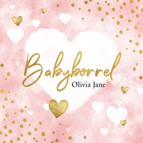 Uitnodiging babyborrel met roze waterverf, hartjes & stipjes